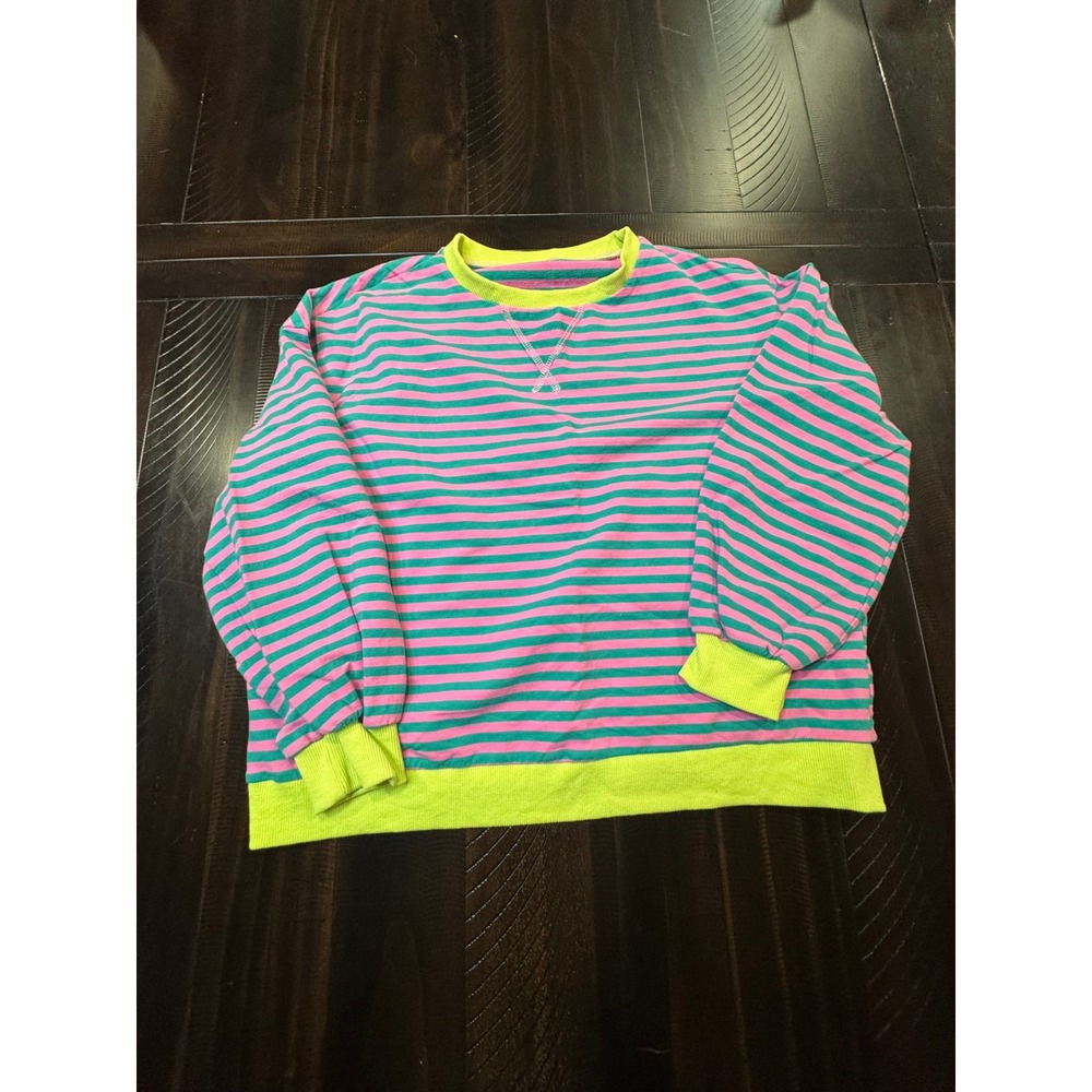 Pink Teal Striped Sweatshirt Neon Yellow Trim Crewneck Long Sleeve Size S